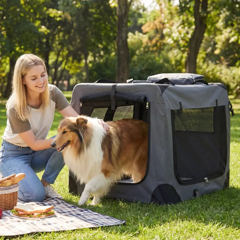 Collapsible Soft Dog Crate Travel Crate with Mesh Windows and 3 Doors-XL - Gray - Dog Kennels