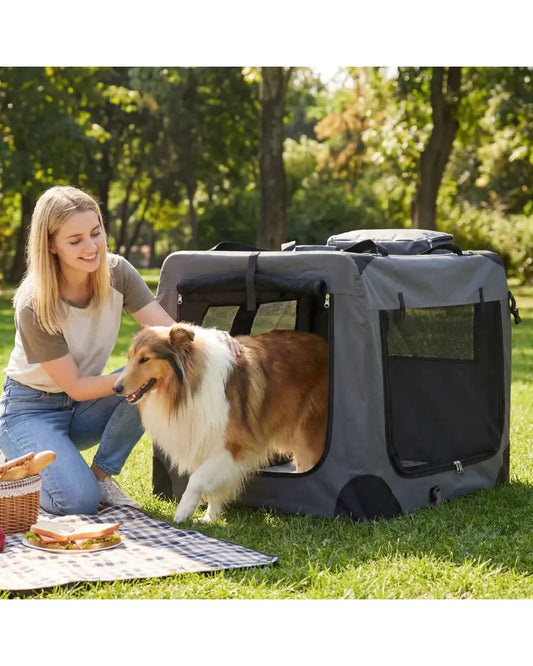 Collapsible Soft Dog Crate Travel Crate with Mesh Windows and 3 Doors-XL - Gray - Dog Kennels