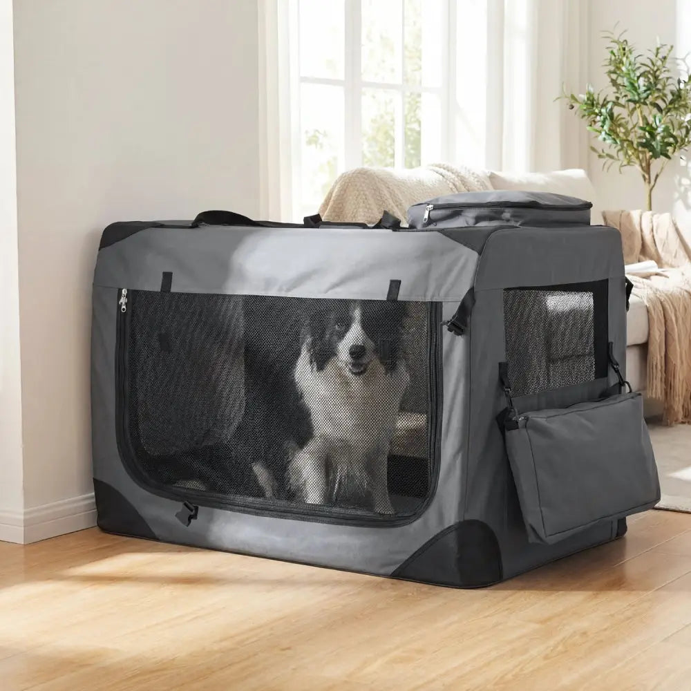 Collapsible Soft Dog Crate Travel Crate with Mesh Windows and 3 Doors-XL - Gray - Dog Kennels