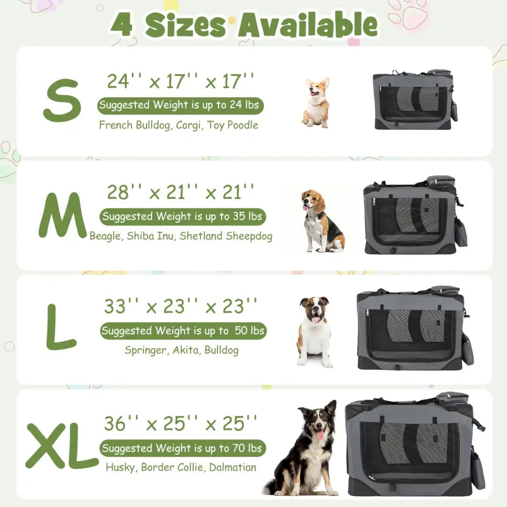 Collapsible Soft Dog Crate Travel Crate with Mesh Windows and 3 Doors-XL - Gray - Dog Kennels