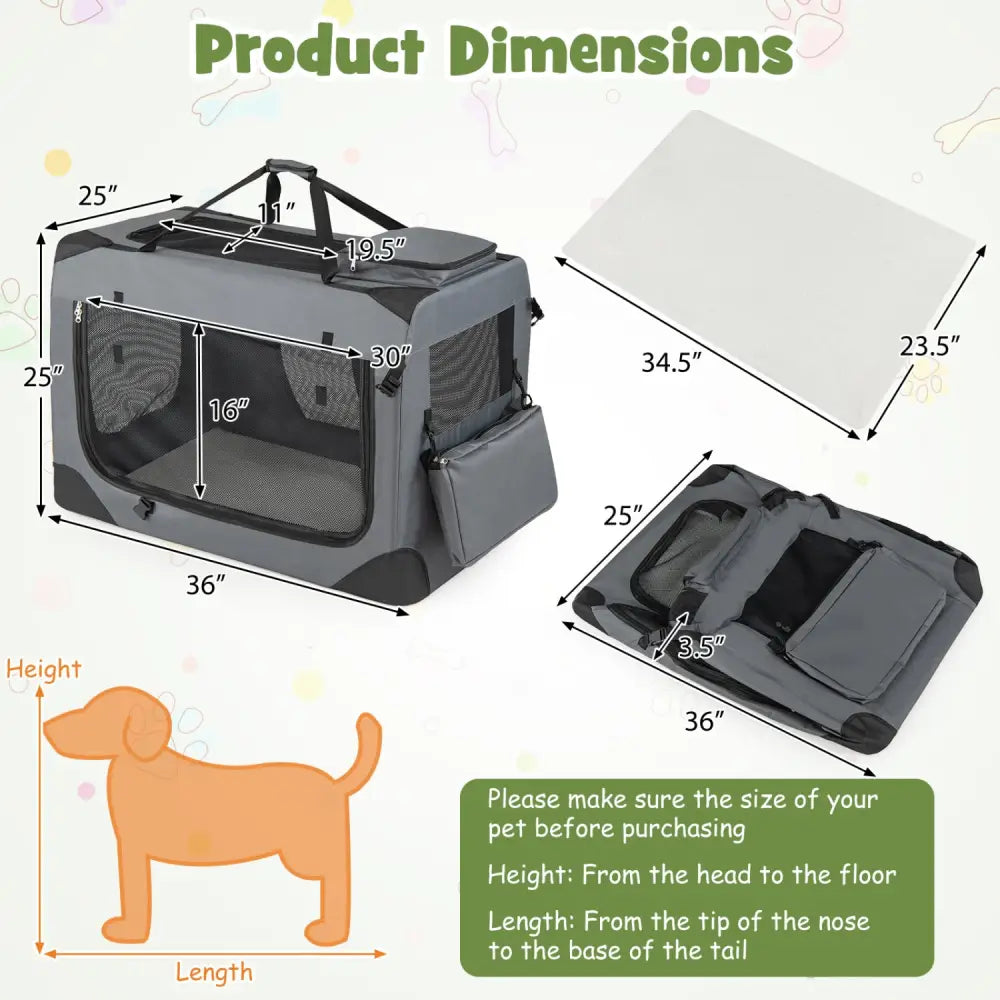Collapsible Soft Dog Crate Travel Crate with Mesh Windows and 3 Doors-XL - Gray - Dog Kennels