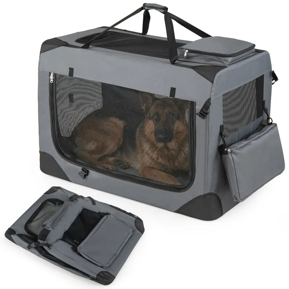 Collapsible Soft Dog Crate Travel Crate with Mesh Windows and 3 Doors-XL - Gray - Dog Kennels