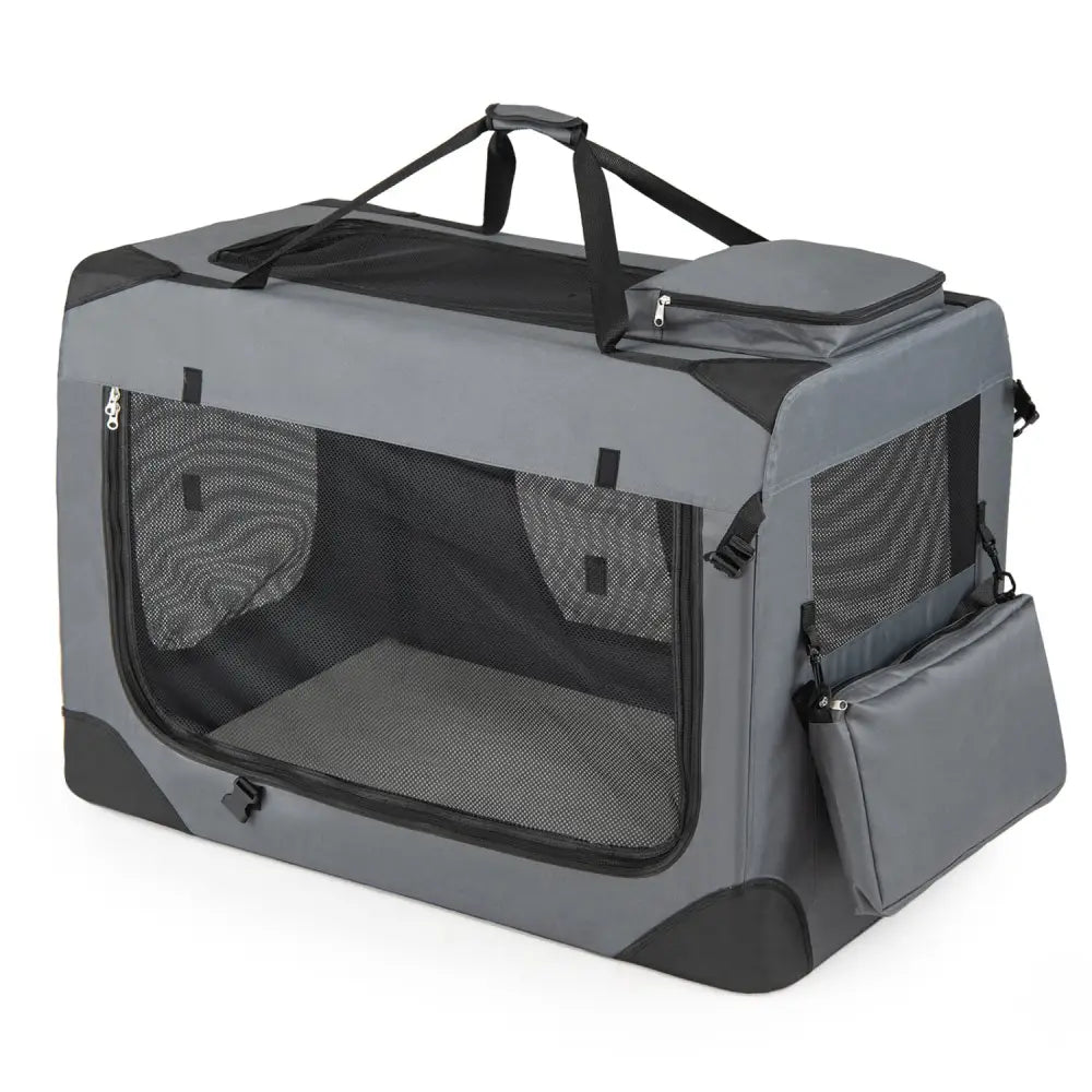 Collapsible Soft Dog Crate Travel Crate with Mesh Windows and 3 Doors-XL - Gray - Dog Kennels