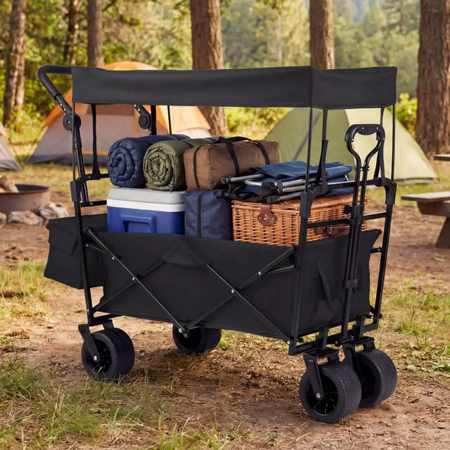 Collapsible Wagon with Removable Canopy and Adjustable Handles-Black - Black - Camping Furniture