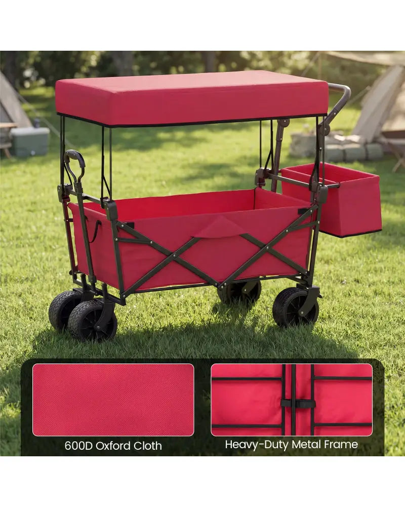 Collapsible Wagon with Removable Canopy and Detachable Storage Bag-Red - Red - Camping Furniture