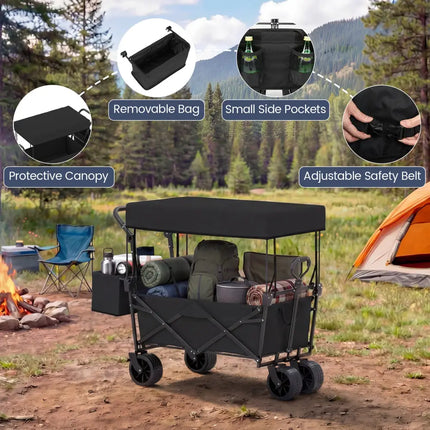Collapsible Wagon with Removable Canopy and Detachable Storage Bag-Black - Black - Camping Furniture