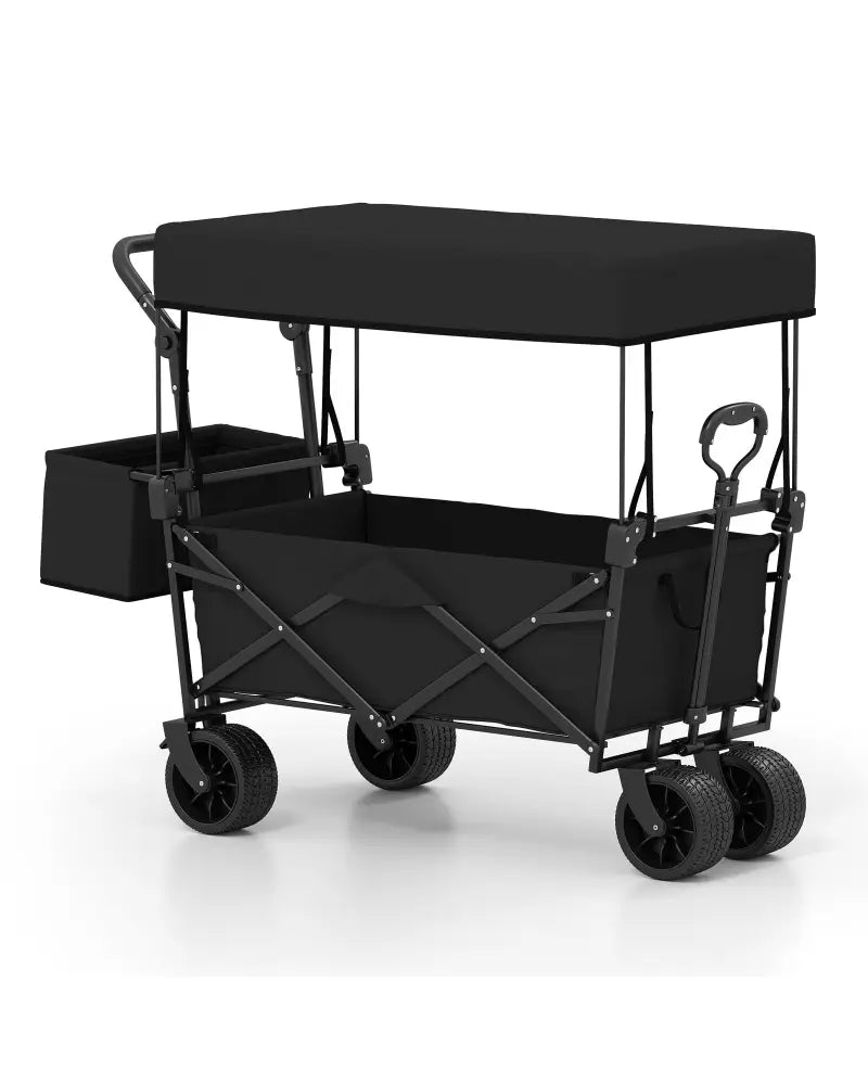 Collapsible Wagon with Removable Canopy and Detachable Storage Bag-Black - Black - Camping Furniture