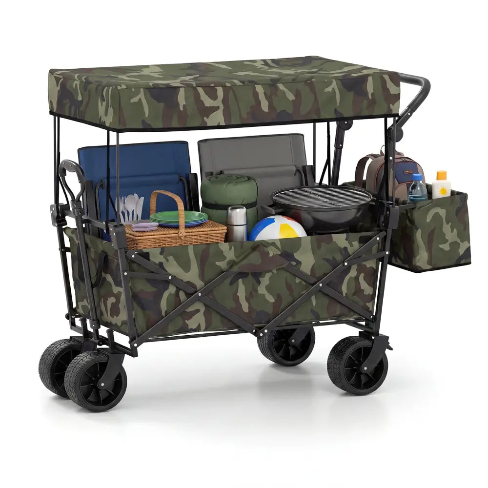 Collapsible Wagon with Removable Canopy and Detachable Storage Bag-Green - Green - Camping Furniture