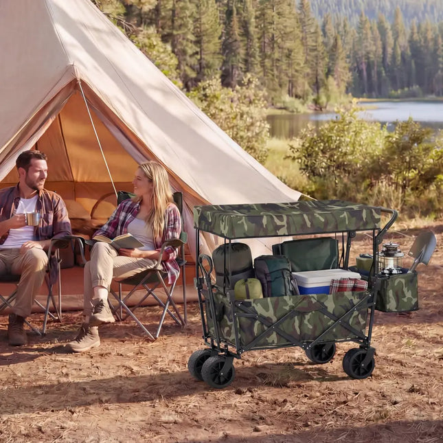 Collapsible Wagon with Removable Canopy and Detachable Storage Bag-Green - Green - Camping Furniture