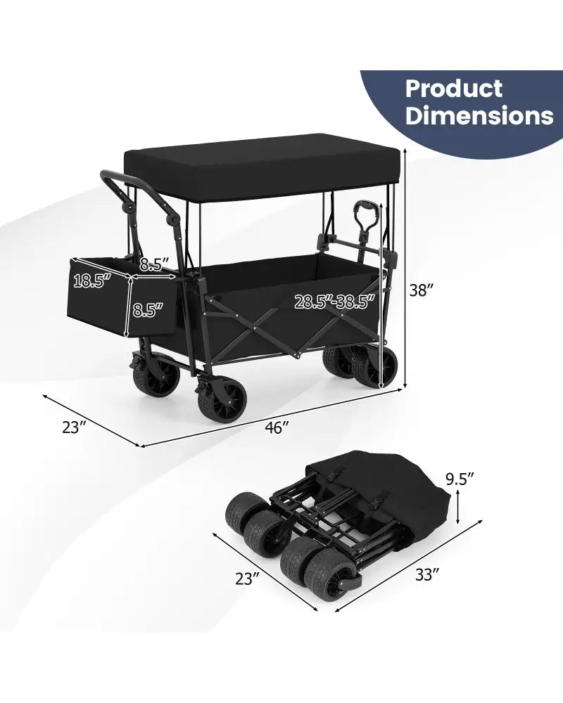 Collapsible Wagon with Removable Canopy and Detachable Storage Bag-Black - Black - Camping Furniture