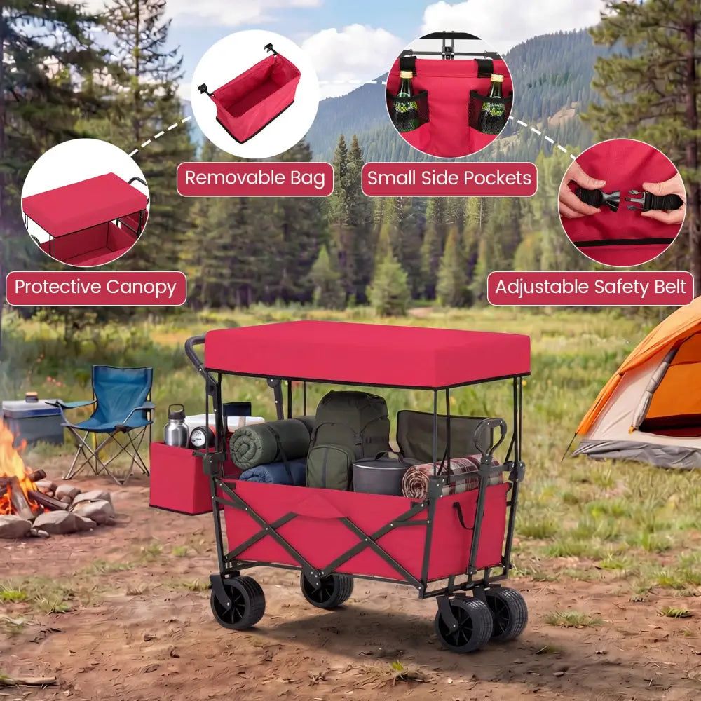 Collapsible Wagon with Removable Canopy and Detachable Storage Bag-Red - Red - Camping Furniture