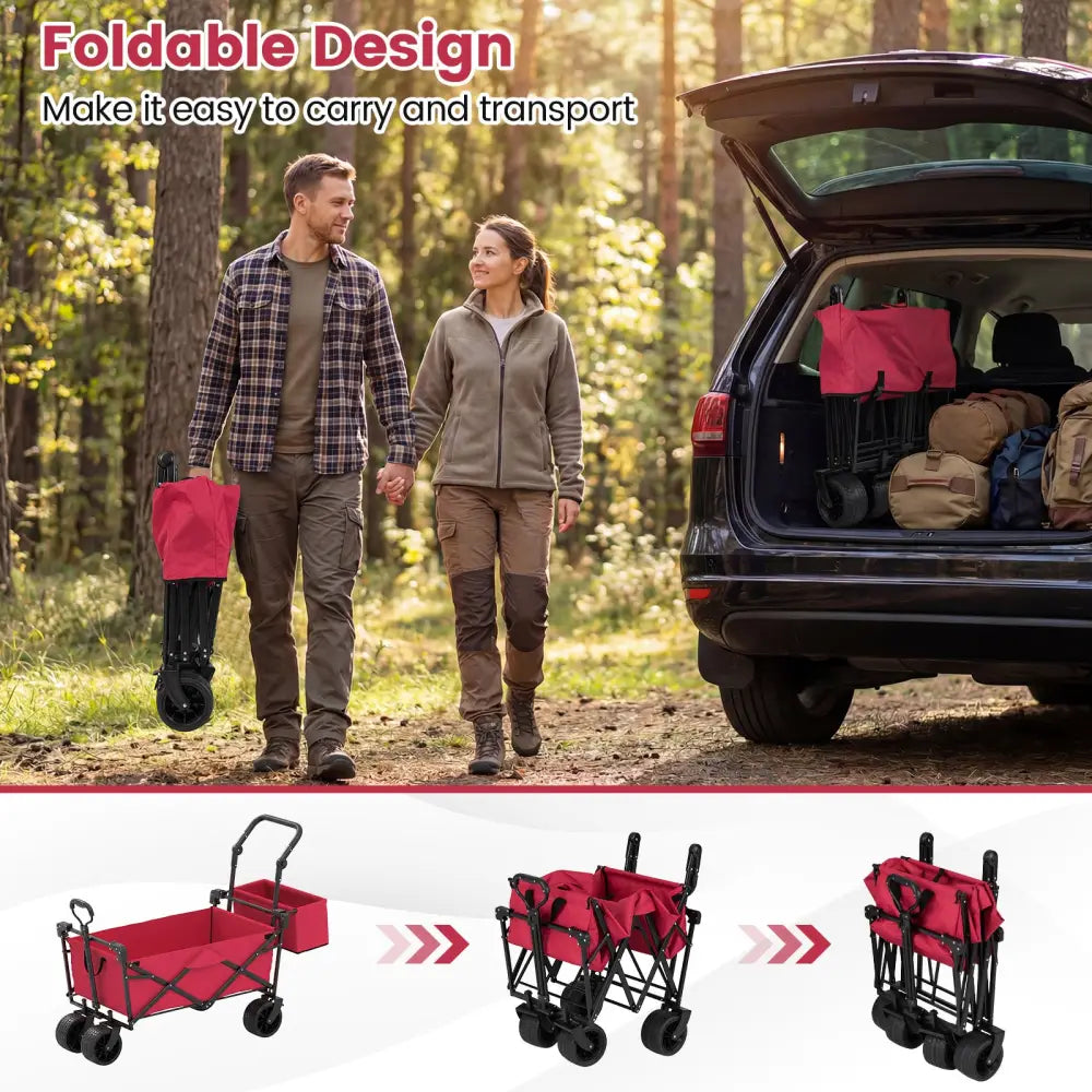 Collapsible Wagon with Removable Canopy and Detachable Storage Bag-Red - Red - Camping Furniture