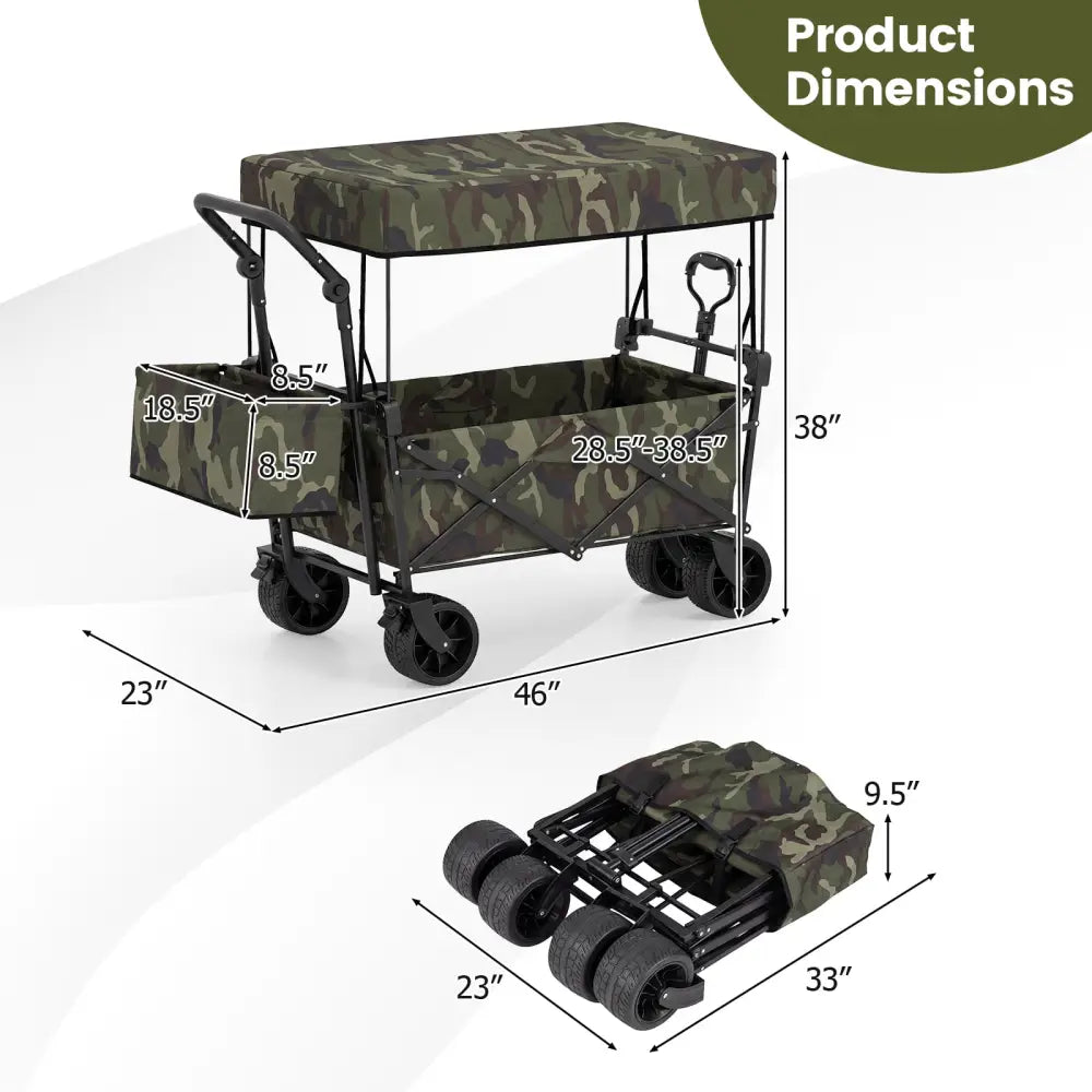 Collapsible Wagon with Removable Canopy and Detachable Storage Bag-Green - Green - Camping Furniture