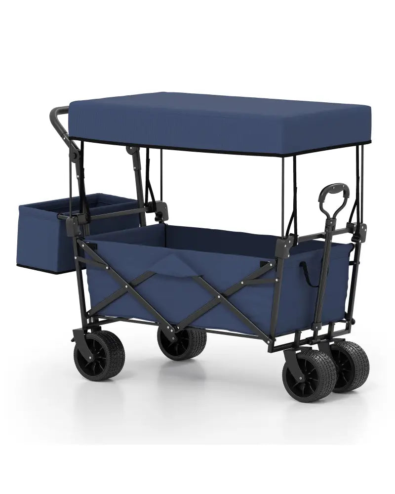 Collapsible Wagon with Removable Canopy and Detachable Storage Bag-Blue - Blue - Camping Furniture