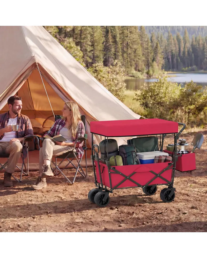 Collapsible Wagon with Removable Canopy and Detachable Storage Bag-Red - Red - Camping Furniture
