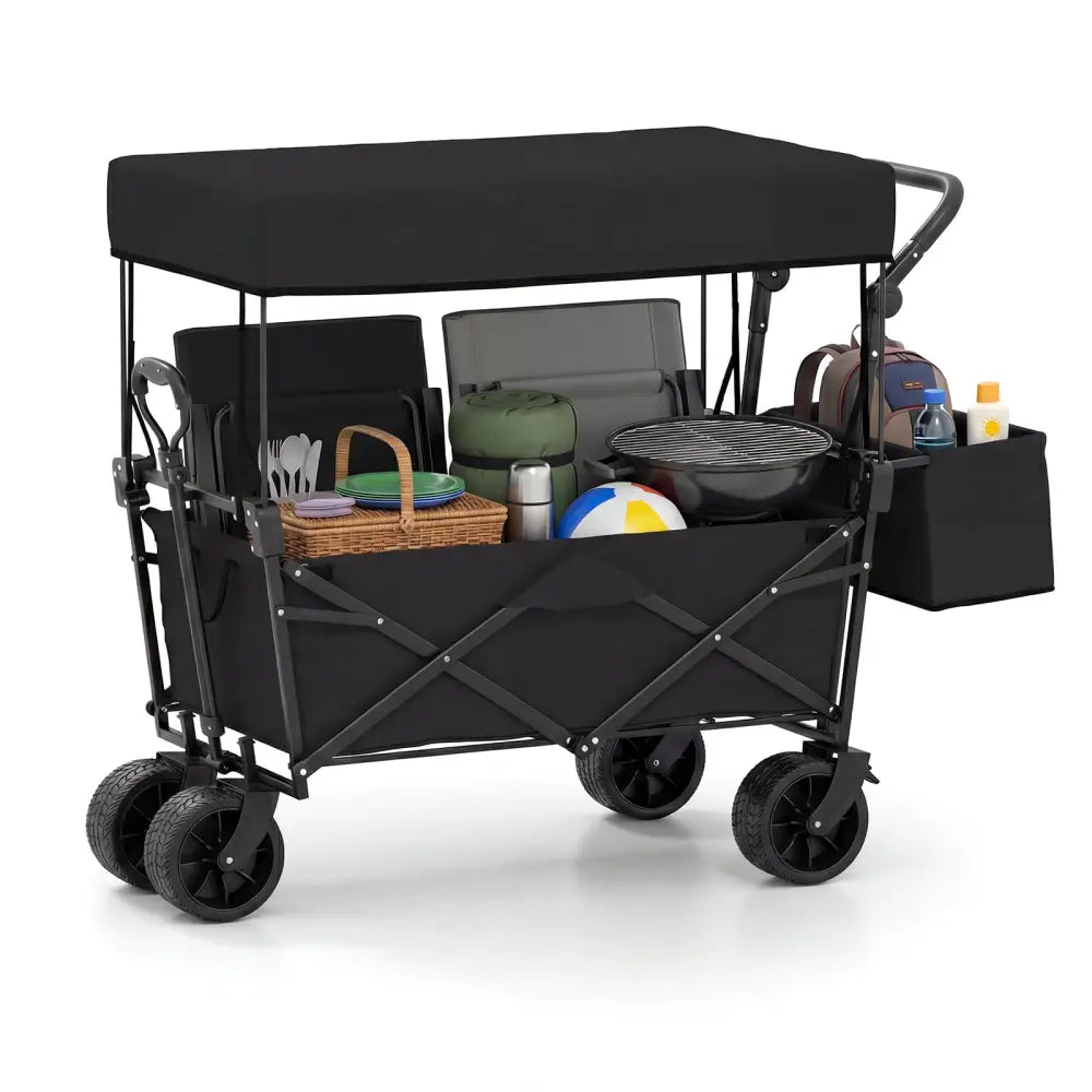 Collapsible Wagon with Removable Canopy and Detachable Storage Bag-Black - Black - Camping Furniture