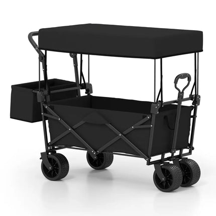 Collapsible Wagon with Removable Canopy and Detachable Storage Bag-Black - Black - Camping Furniture