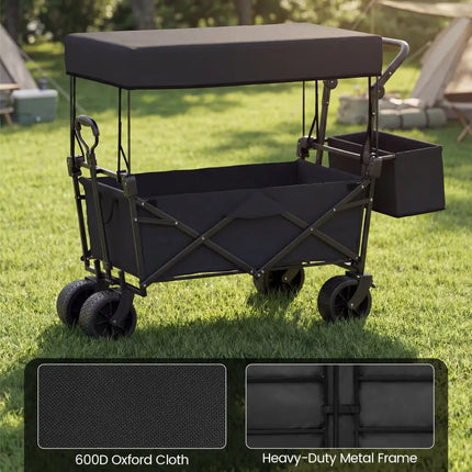 Collapsible Wagon with Removable Canopy and Detachable Storage Bag-Black - Black - Camping Furniture