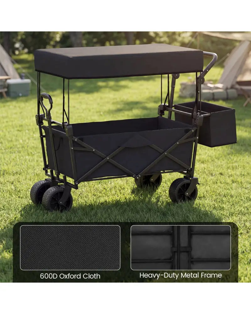 Collapsible Wagon with Removable Canopy and Detachable Storage Bag-Black - Black - Camping Furniture