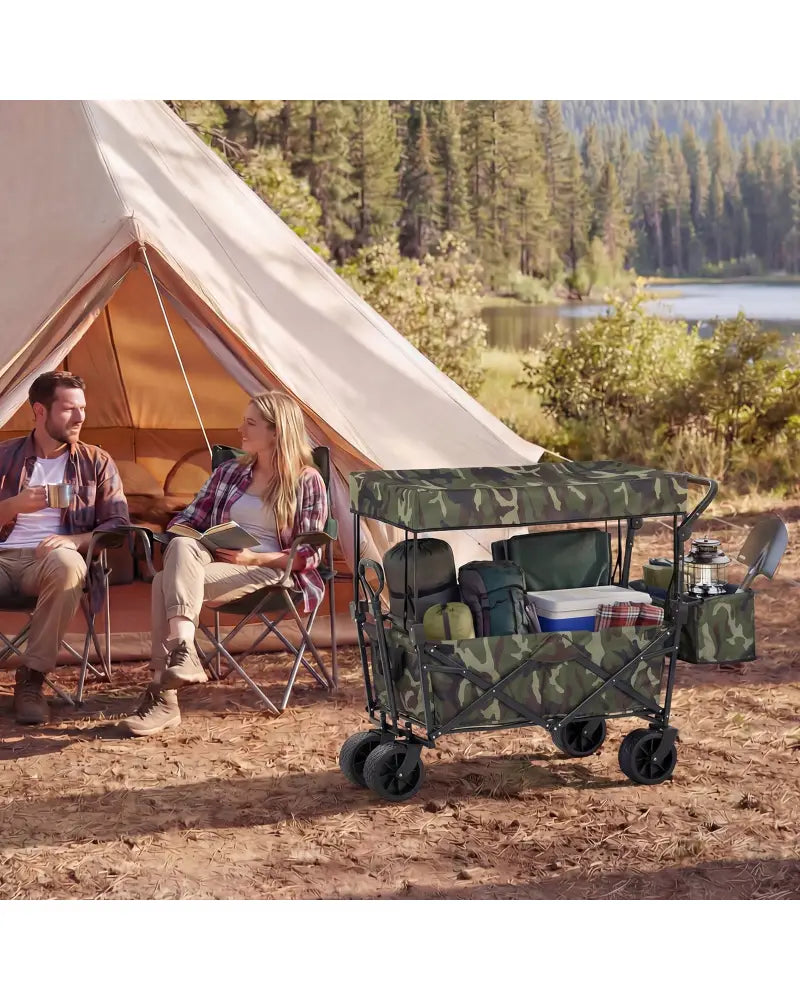 Collapsible Wagon with Removable Canopy and Detachable Storage Bag-Green - Green - Camping Furniture