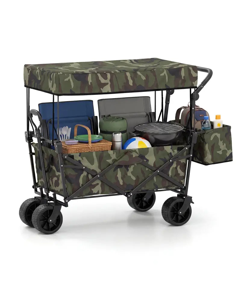 Collapsible Wagon with Removable Canopy and Detachable Storage Bag-Green - Green - Camping Furniture