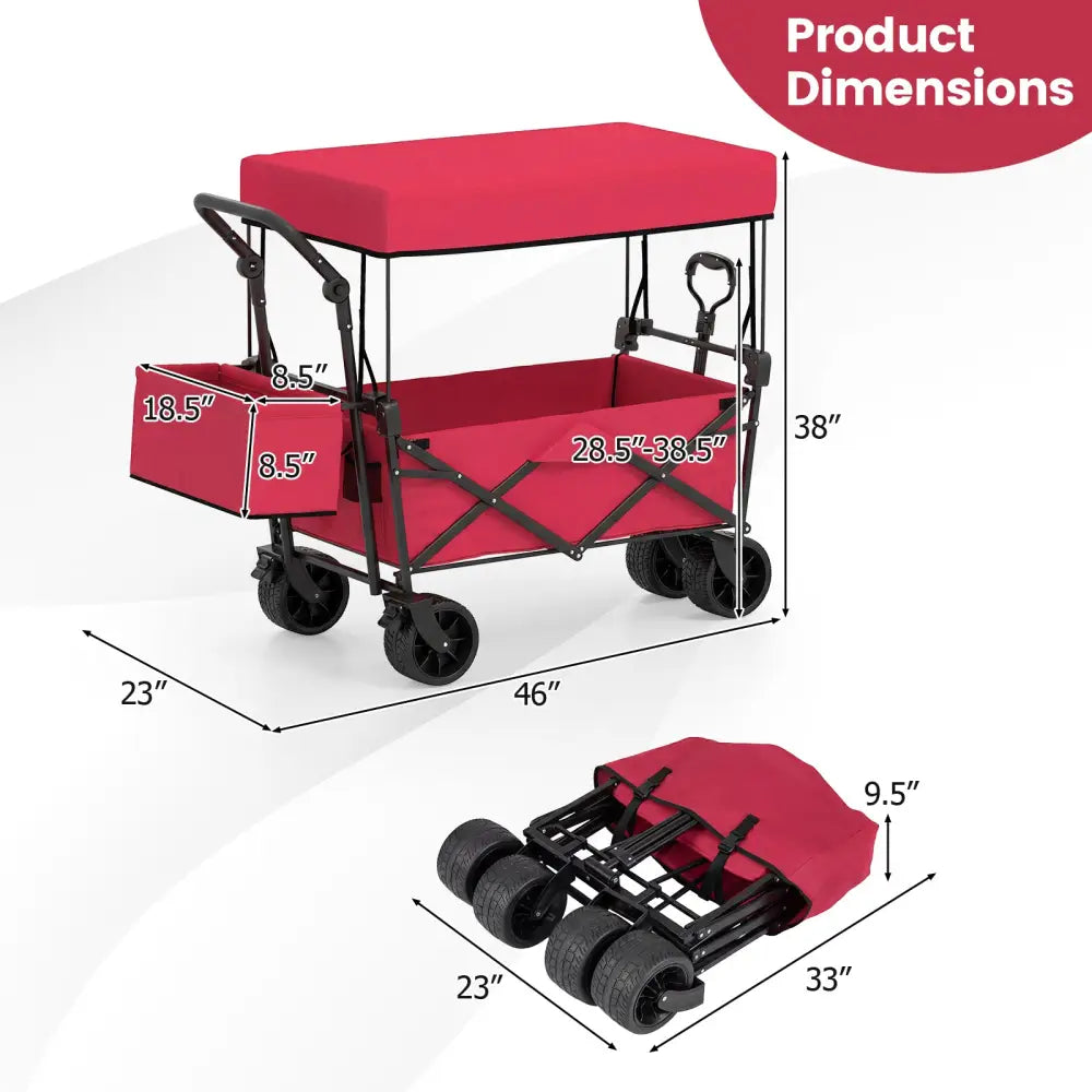 Collapsible Wagon with Removable Canopy and Detachable Storage Bag-Red - Red - Camping Furniture