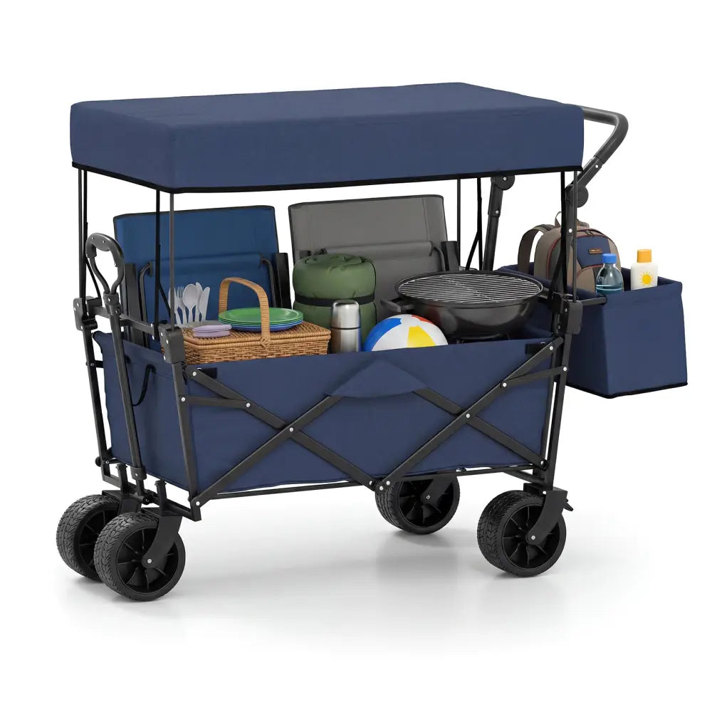 Collapsible Wagon with Removable Canopy and Detachable Storage Bag-Blue - Blue - Camping Furniture