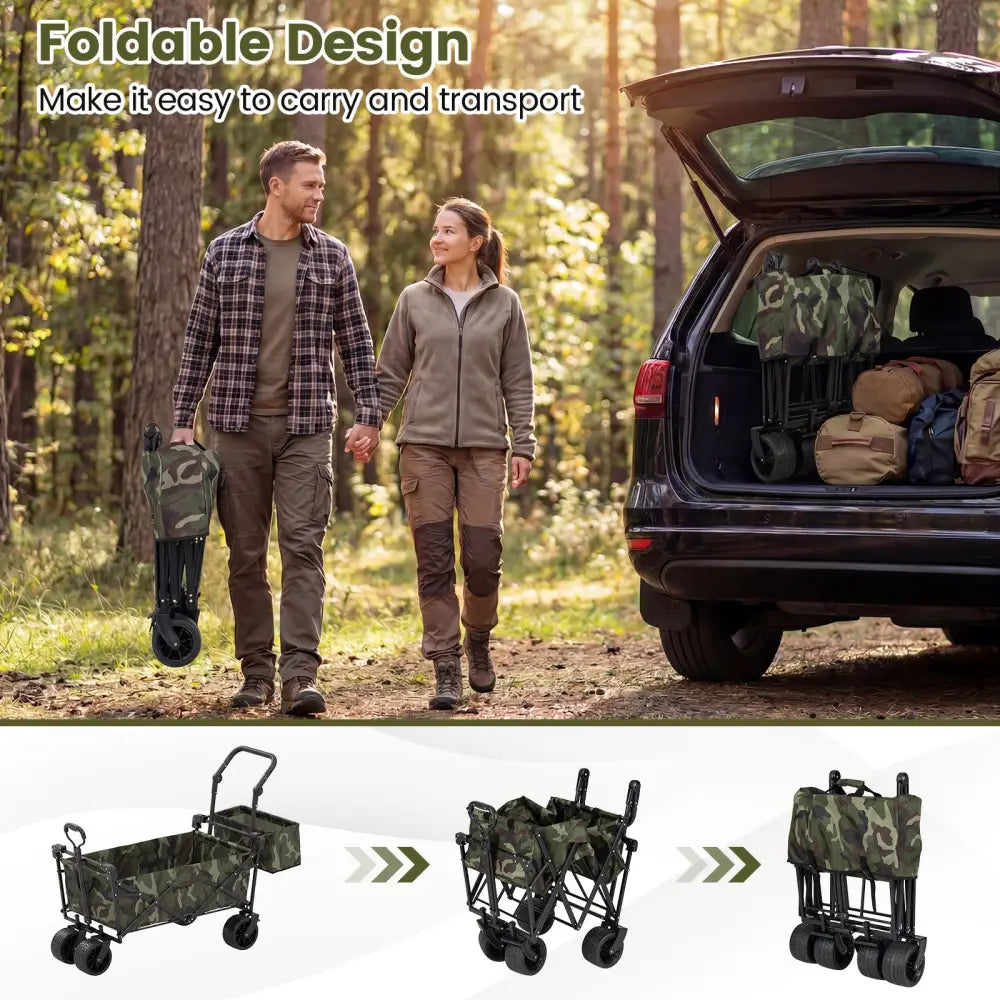 Collapsible Wagon with Removable Canopy and Detachable Storage Bag-Green - Green - Camping Furniture