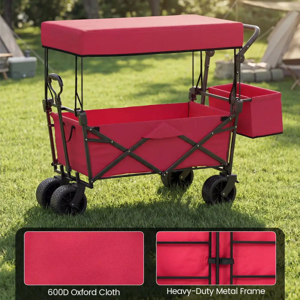 Collapsible Wagon with Removable Canopy and Detachable Storage Bag-Red - Red - Camping Furniture