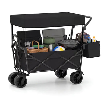 Collapsible Wagon with Removable Canopy and Detachable Storage Bag-Black - Black - Camping Furniture