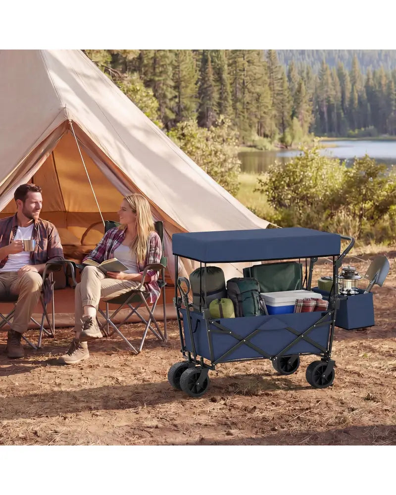 Collapsible Wagon with Removable Canopy and Detachable Storage Bag-Blue - Blue - Camping Furniture