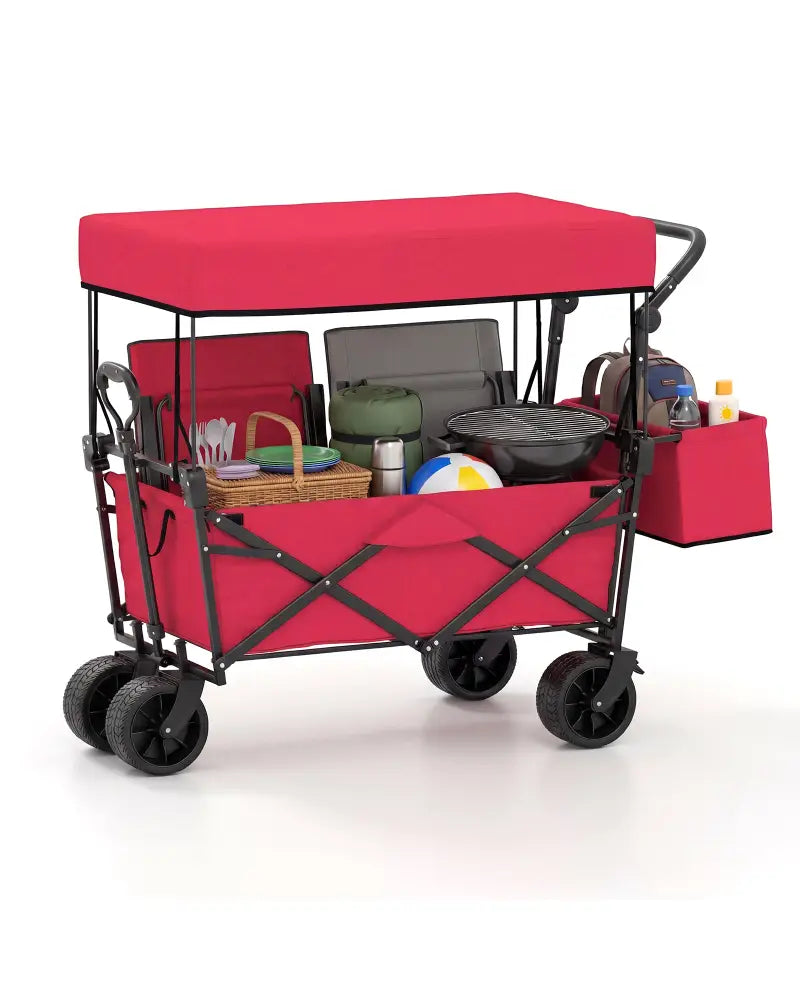 Collapsible Wagon with Removable Canopy and Detachable Storage Bag-Red - Red - Camping Furniture