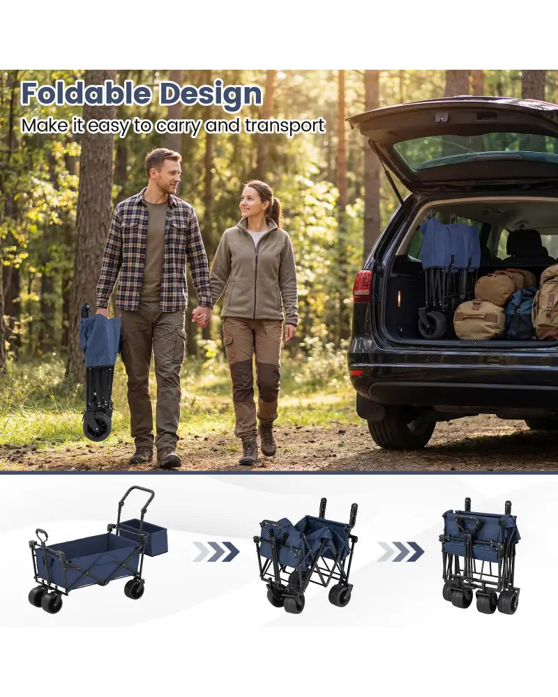 Collapsible Wagon with Removable Canopy and Detachable Storage Bag-Blue - Blue - Camping Furniture