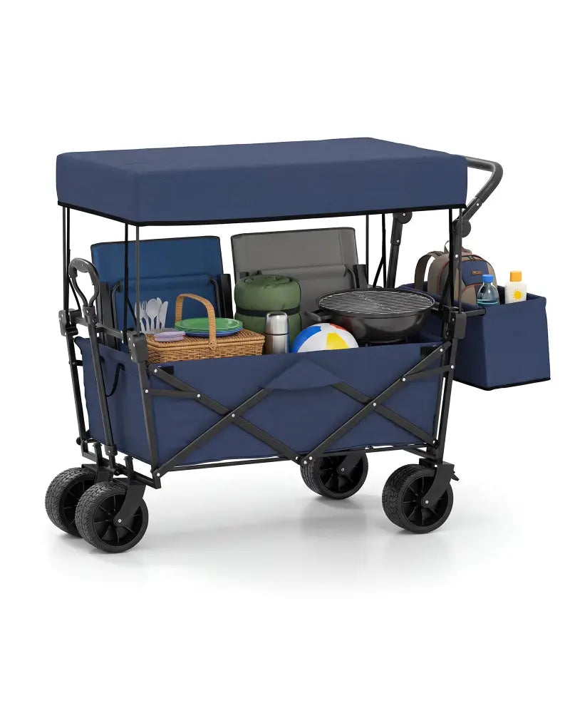 Collapsible Wagon with Removable Canopy and Detachable Storage Bag-Blue - Blue - Camping Furniture