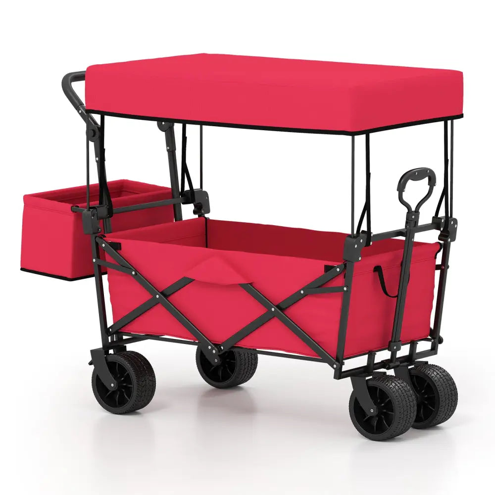 Collapsible Wagon with Removable Canopy and Detachable Storage Bag-Red - Red - Camping Furniture