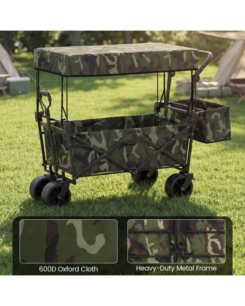 Collapsible Wagon with Removable Canopy and Detachable Storage Bag-Green - Green - Camping Furniture