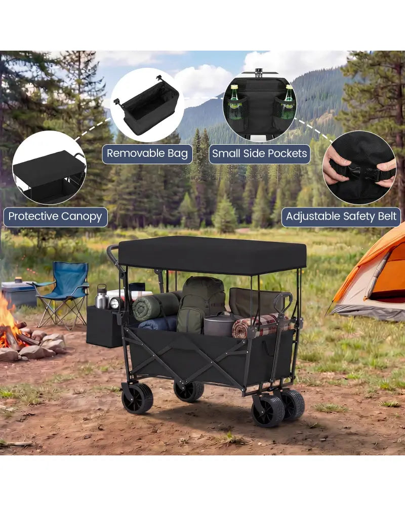 Collapsible Wagon with Removable Canopy and Detachable Storage Bag-Black - Black - Camping Furniture