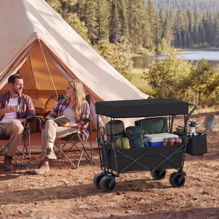 Collapsible Wagon with Removable Canopy and Detachable Storage Bag-Black - Black - Camping Furniture