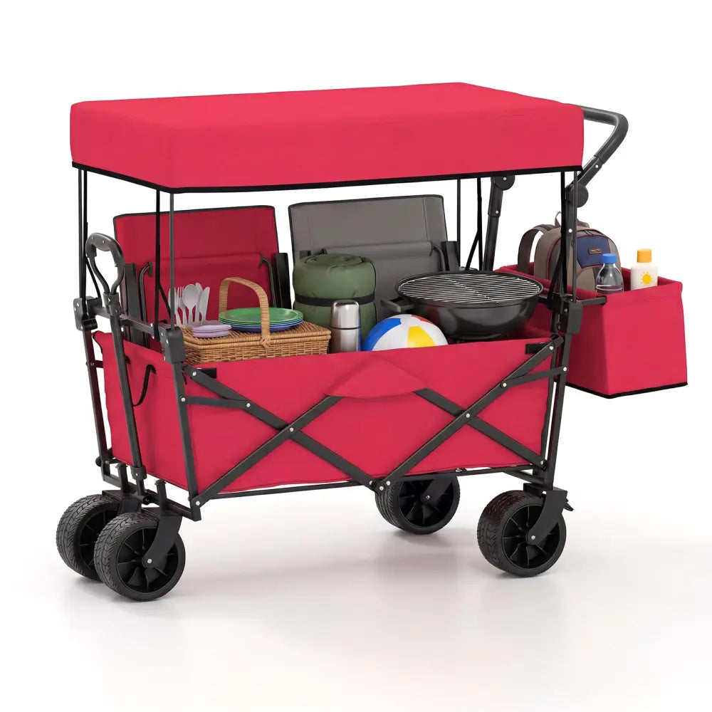 Collapsible Wagon with Removable Canopy and Detachable Storage Bag-Red - Red - Camping Furniture