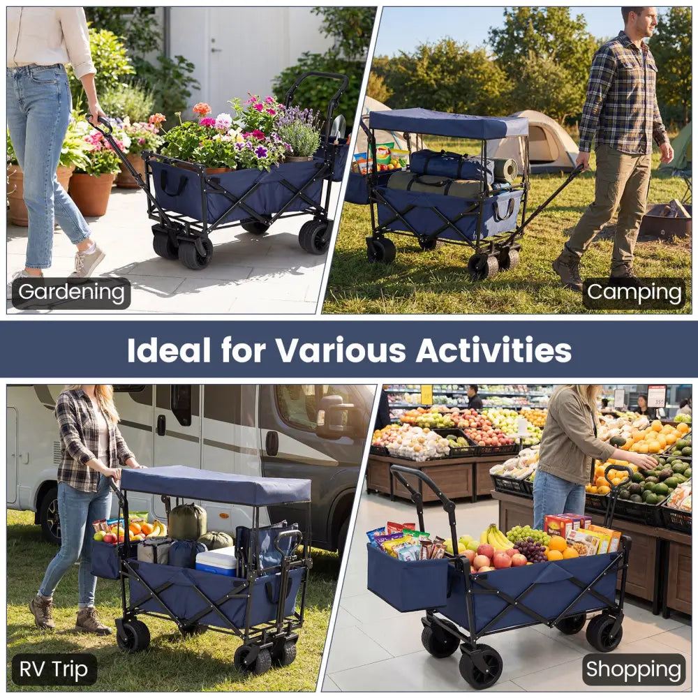 Collapsible Wagon with Removable Canopy and Detachable Storage Bag-Blue - Blue - Camping Furniture