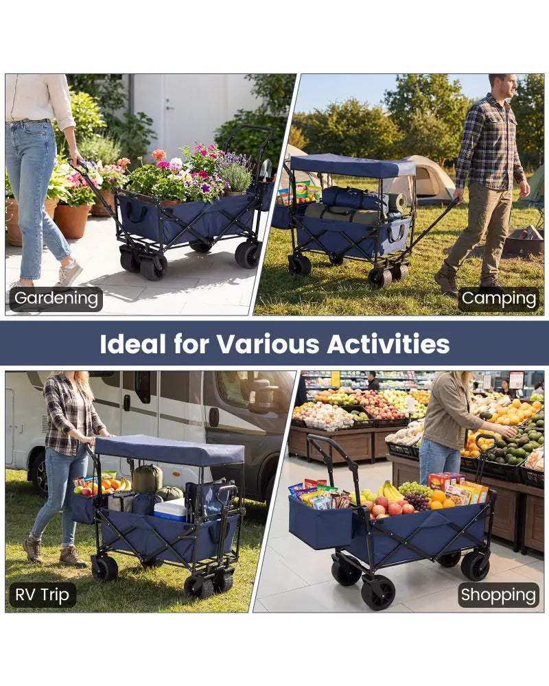 Collapsible Wagon with Removable Canopy and Detachable Storage Bag-Blue - Blue - Camping Furniture