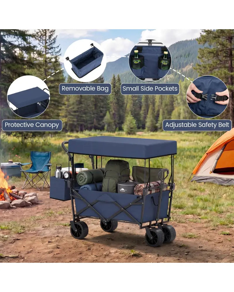 Collapsible Wagon with Removable Canopy and Detachable Storage Bag-Blue - Blue - Camping Furniture