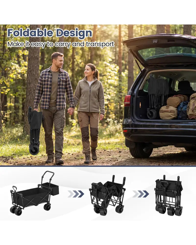 Collapsible Wagon with Removable Canopy and Detachable Storage Bag-Black - Black - Camping Furniture