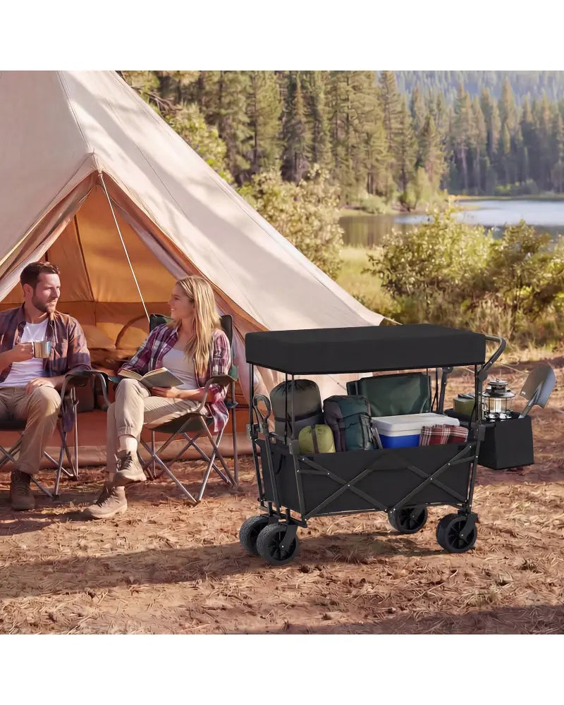 Collapsible Wagon with Removable Canopy and Detachable Storage Bag-Black - Black - Camping Furniture