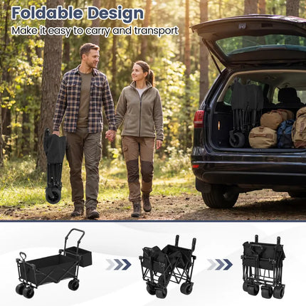 Collapsible Wagon with Removable Canopy and Detachable Storage Bag-Black - Black - Camping Furniture