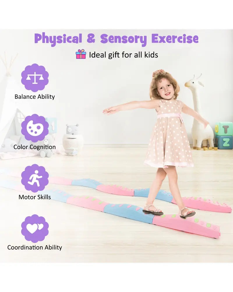 Colorful Kids Wavy Balance Beam with Textured Surface and Non-slip Foot Pads-Blue and Pink - Pink & Blue - Outdoor Play