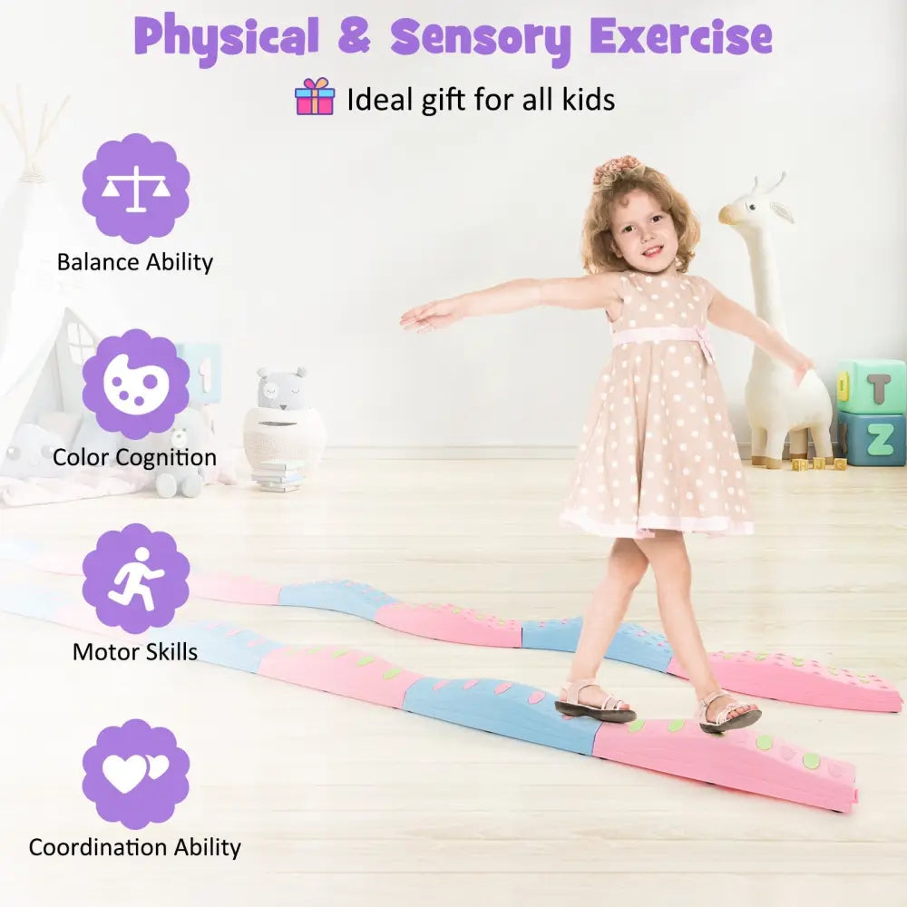 Colorful Kids Wavy Balance Beam with Textured Surface and Non-slip Foot Pads-Blue and Pink - Pink & Blue - Outdoor Play