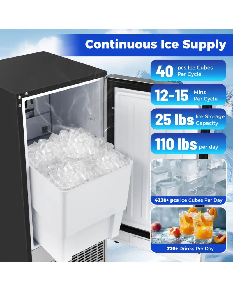 Commercial Ice Maker 110 lbs/24H Undercounter Ice Machine with 25 lbs Storage Capacity - Ice Makers