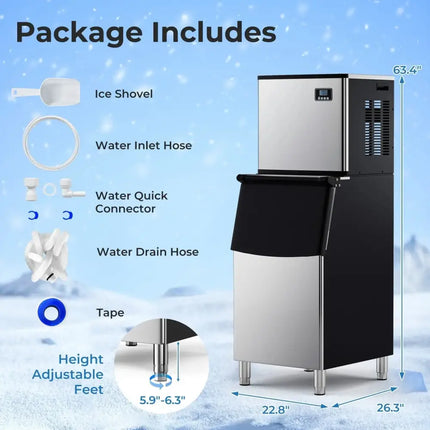 Commercial Ice Maker Machine 418 LBS/24H with 200 LBS Storage Bin-Silver Costway