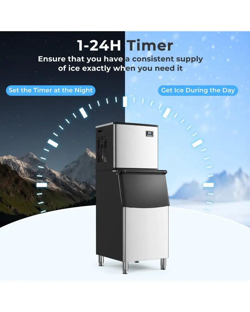 Commercial Ice Maker Machine 418 LBS/24H with 200 LBS Storage Bin-Silver - Silver - Ice Makers